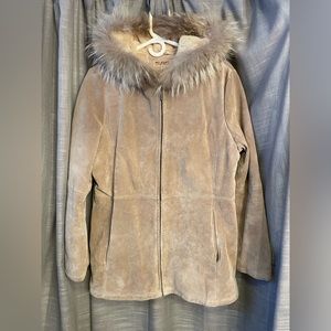 Suede Leather Jacket with Raccoon Fur Hood - Fully Softly Lined